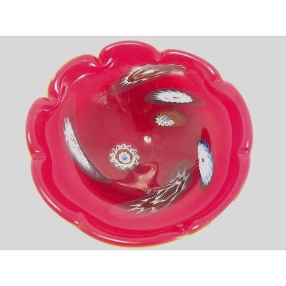 Vintage Mid Century Italian Murano Millefiori Scalloped Art Glass Bowl Red & Whi - Picture 5 of 11
